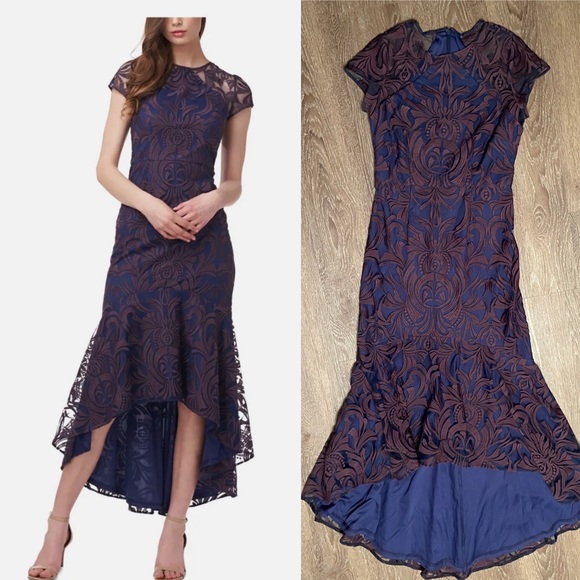 NEW JS COLLECTION Navy
Mesh Lined Cap Sleeve
Evening Hi-Lo Gown Dress size 6 - Picture 4 of 13